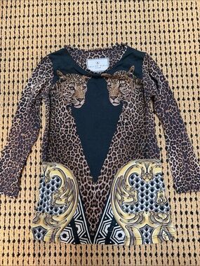 Philipp Plein Brown Leopard Print Long Sleeve Top with Gold Scrolls